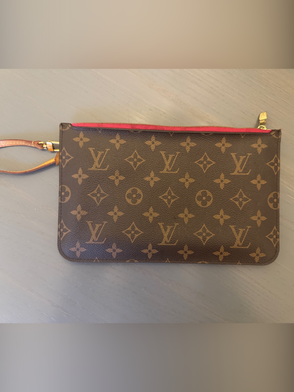 Louis Vuitton Monogram Canvas Zip Wristlet in Brown with Pink Trim